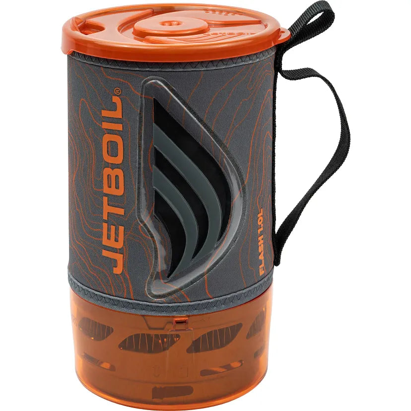 Jetboil Flash camping stove with orange top and base on a white background