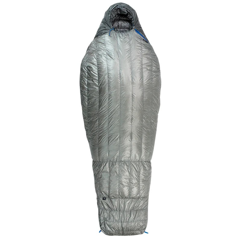A forward-facing view of the Stone Glacier 15 Degree Chilkoot Sleeping Bag in granite grey with the zipper fully sealed.