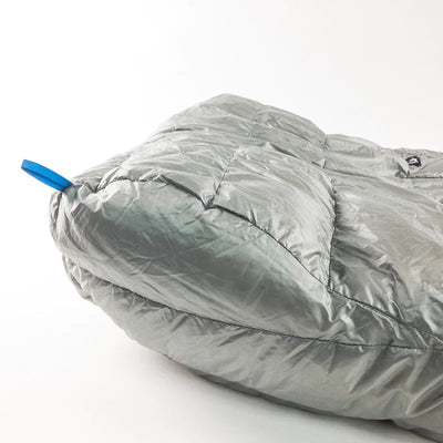 A close-up view of the toe box, lower portion of the Stone Glacier 15 Degree Chilkoot Sleeping Bag in granite grey.