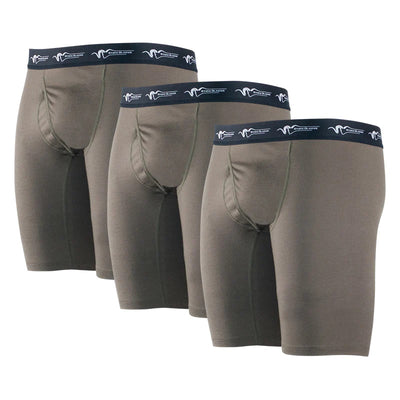 A forward-facing view of three Stone Glacier Chinook Merino Boxers in tarmac.