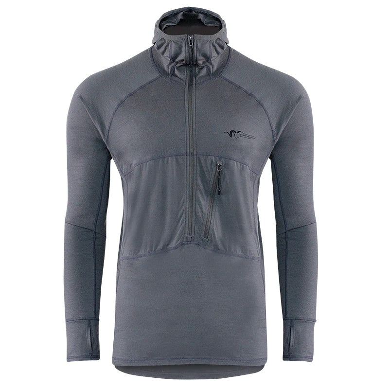 A forward-facing view of the Stone Glacier Chinook Merino Hoody in granite grey.