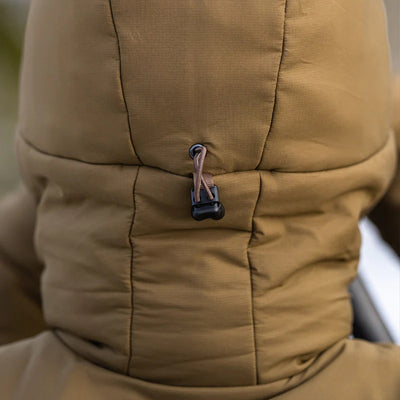 The close-up view of the hood found on the Stone Glacier Cirque Jacket in muskeg.