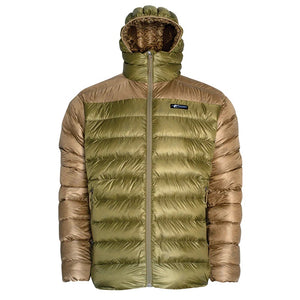 A forward-facing view of the Stone Glacier Grumman Goose Down Jacket in coyote with the zipper positioned fully upward.
