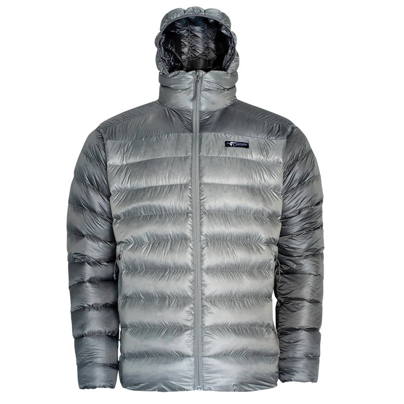 A forward-facing view of the Stone Glacier Grumman Goose Down Jacket in granite grey with the zipper positioned fully upward.