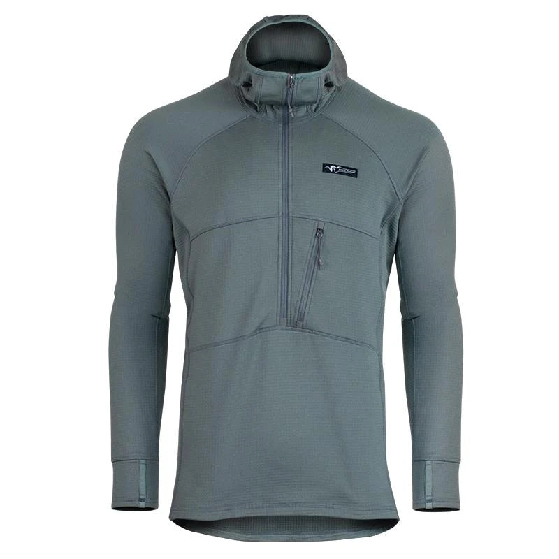 A forward-facing view of the Stone Glacier Helio Hoody in granite grey with the zipper positioned fully upward.