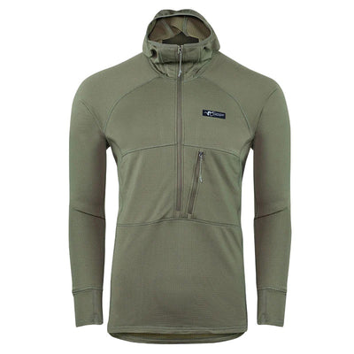 A forward-facing view of the Stone Glacier Helio Hoody in fern with zipper fully positioned upward.