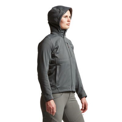 Sitka Women's Jetstream Jacket Lead on model 45 with hood