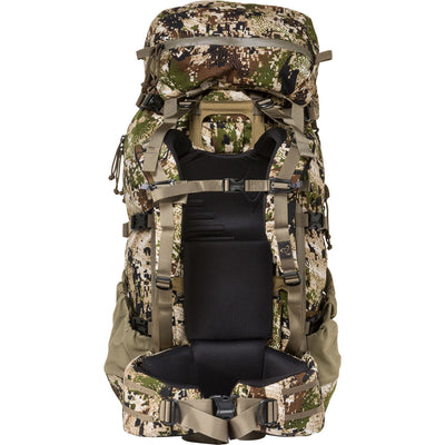 The Mystery Ranch Marshall in SITKA optifade subalpine as viewed from the front with the shoulder straps and waist belt secured.
