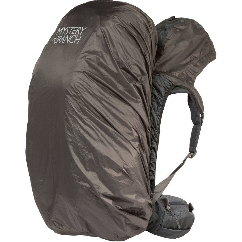 Mystery Ranch hooded pack fly grey on pack