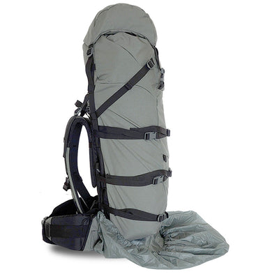 A side-view of the Stone Glacier Rain Cover being partially installed over a multi-day or expedition backpack.