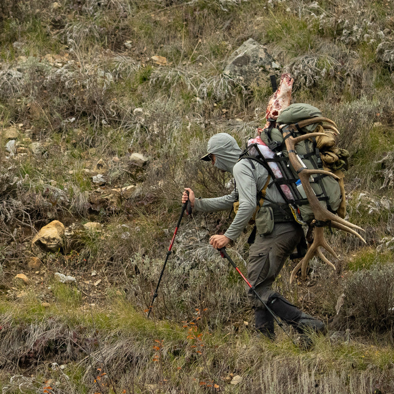 A backcountry elk hunter packing out both meat and skull while wearing the Stone Glacier Synthetic Hoody in stone grey.