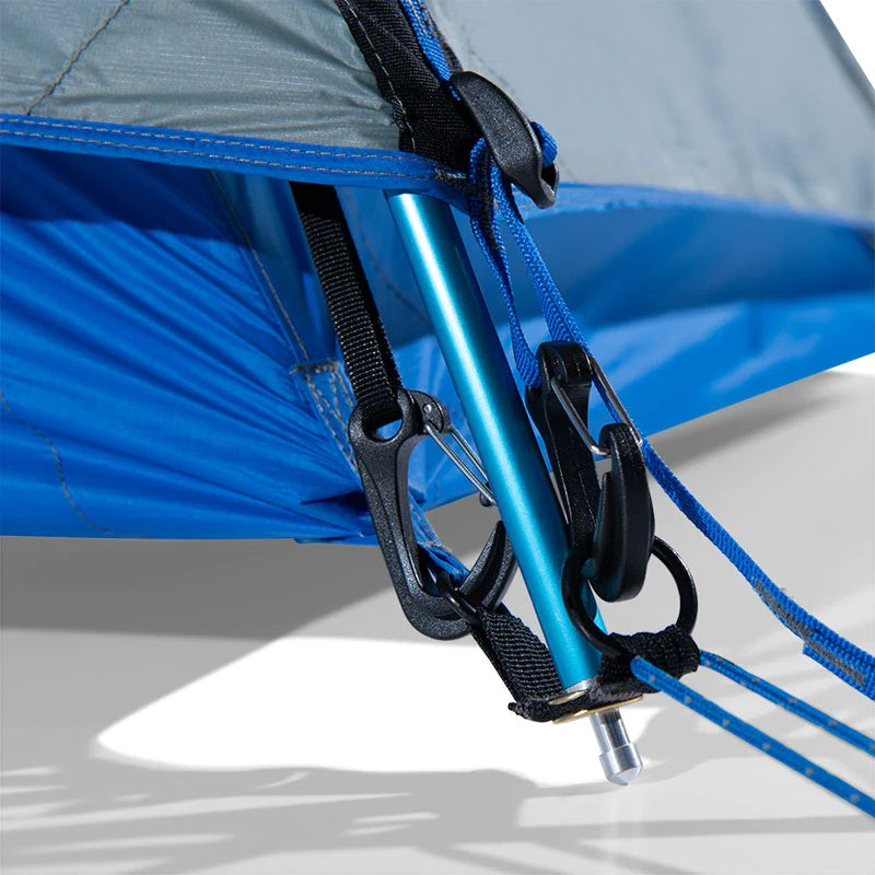 A close-up view of the end of a tent pole associated with the Stone Glacier Sky Solus 1P Tent when fully setup.