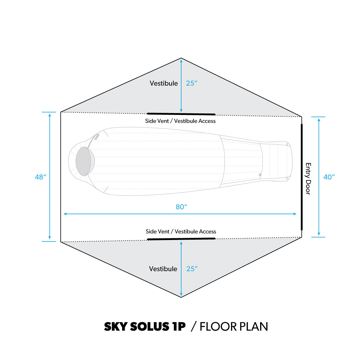 A diagram that displays the interior dimensions of the Stone Glacier Sky Solus 1P Tent in inches.